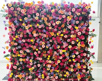 8*8Ft 5D Fabric Artificial Flower Wall Rolling Up Curtain Flower Wall, Hot Pink Rose Floral Wedding Backdrop Real touch fake flowers Wall