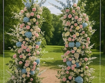 Blue Blush Pink Wedding Flower Pillars, Artificial Floral Archway, Ceremony Backdrop Decor