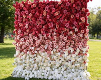 Ombre Red to White Rose Flower Wall, Artificial Wedding Photo Backdrop