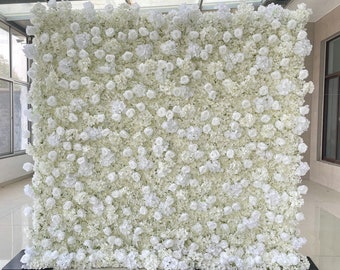 Weiße Rose Elfenbein Hortensie Roll-Up Tuch 5D Blumen Wandgesteck Hochzeit Hintergrund Deko Hängevorhang Echte Touch Kunstblumen Wand