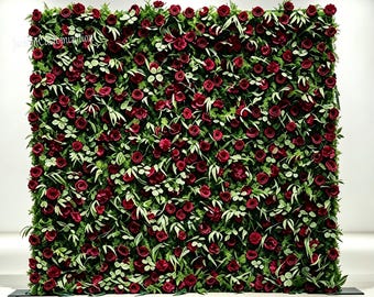 Burgundy Red Rose Flower Wall, Artificial Greenery Floral Backdrop Panel, Wedding Photo Booth  Decor