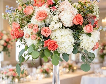 Coral Peach White Hydrangea Centerpiece, Artificial Eucalyptus Floral Arrangement, Wedding Table Decor