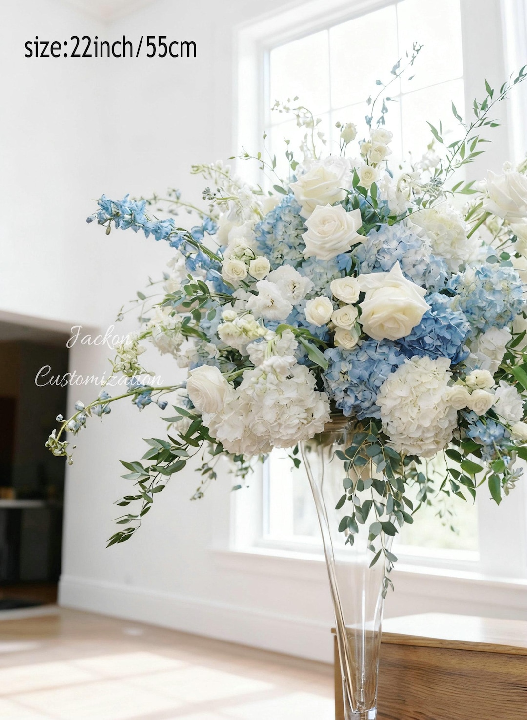 Blue White Roses Hydrangea Delphiniums Flowe Centerpiece, Wedding ...