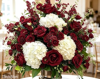 Burgundy White Hydrangea Floral Centerpiece, Artificial Rose Greenery Flower Ball, Wedding Table Decor