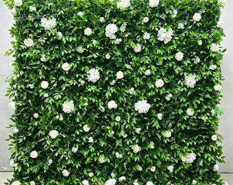 Green Leaf Floral Wall, Artificial Greenery Panel with White Flowers, Wedding Photo Booth Decor