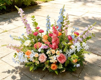 May include: A floral arrangement featuring pink, orange, blue, and white flowers with green foliage. Text reads Flower Style 1, length 60cm, width 40cm, height 55cm. The arrangement includes roses, delphiniums, and snapdragons.