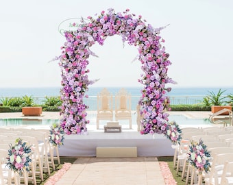 Decorazione ad arco per fondale di matrimonio all'aperto, fiori viola, composizione di fiori di orchidea, oggetti di scena per fotografie di feste di fidanzamento