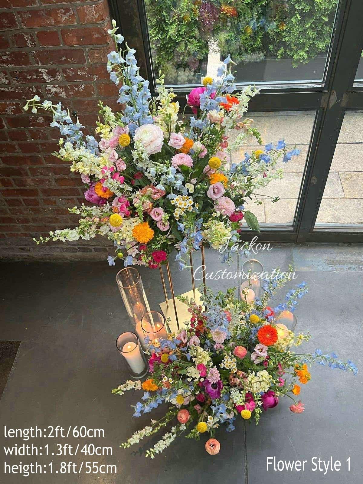 色とりどりの野花をあしらった造花アレンジメント、ボヘミアン風