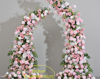 Blush Pink White Wedding Arch Flower, Artificial Rose Greenery Floral Arrangements, Ceremony Decor