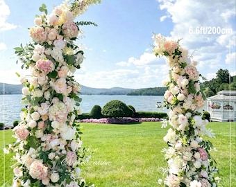 Blush Pink, White Wedding Arch Flowers, Artificial Hydrangea Rose Arrangement