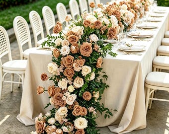 Coffee Taupe Ivory Floral Runner, Artificial Rose Greenery Garland, Wedding Table Flower Decor