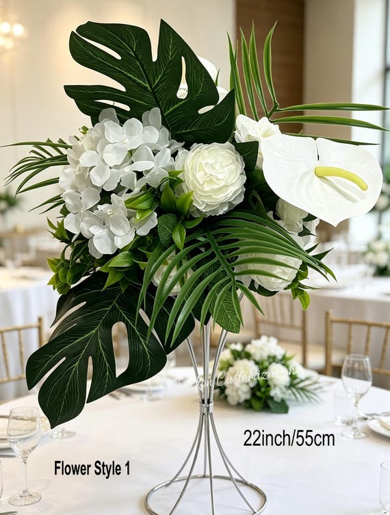 White Artificial Flower Centerpiece, Faux Anthurium Hydrangea
