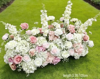 Camino de mesa floral rosa pastel y blanco para bodas, arreglo floral artificial, decoración para fondo de eventos.