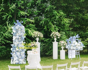 Composition de fleurs artificielles 5D bleu brume, guirlande de fleurs en arc blanc, pièce maîtresse, décoration de fond de fête de mariage