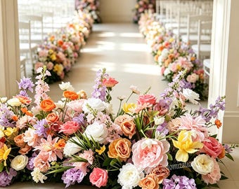 Blush Lavender Aisle Floor Flower Arrangement, Artificial Mixed Rose Hydrangea Floral Runner, Wedding Decor