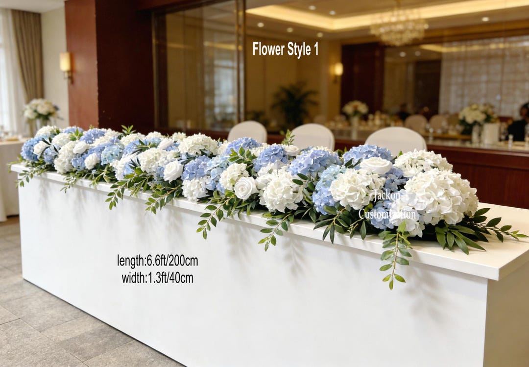 Blue White Hydrangea Rose Table Runner, Customizable Artificial Floral ...