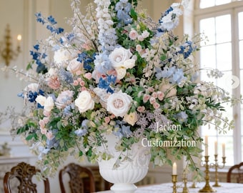 Blue Blush Pink Flower Arrangement, Artificial Floral Centerpiece, Wedding Table Decor