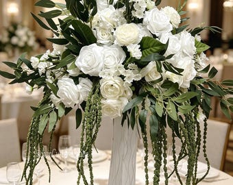 Artificial White Rose Greenery Floral Centerpiece, Wedding Table Decor (22inch/55cm)