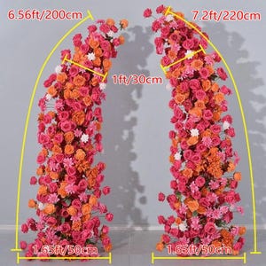 May include: Two floral archways, each composed of vibrant pink, orange, and white roses and other flowers. The archways are approximately 6.56 feet (200 cm) and 7.2 feet (220 cm) tall, with a width of 1 foot (30 cm) and a base of 1.65 feet (50 cm).
