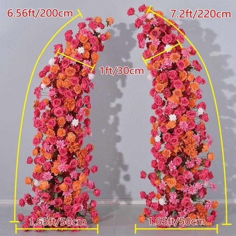 May include: Two floral archways, each composed of vibrant pink, orange, and white roses and other flowers. The archways are approximately 6.56 feet (200 cm) and 7.2 feet (220 cm) tall, with a width of 1 foot (30 cm) and a base of 1.65 feet (50 cm).