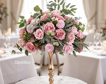 Dusty Pink Rose Pom Pom Floral Centerpiece, Wedding Table Decor