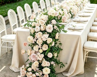 Nude Pink Long Table Floral Runner, Artificial Flower Garland, Wedding Head Table Centerpiece Decor