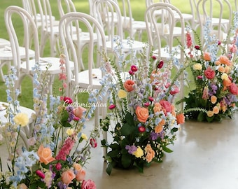 May include: A floral arrangement featuring peach roses, light blue delphiniums, and pink flowers, with text reading Jackson Customization and dimensions of length: 60cm, width: 40cm, height: 55cm, placed in front of white wooden chairs.