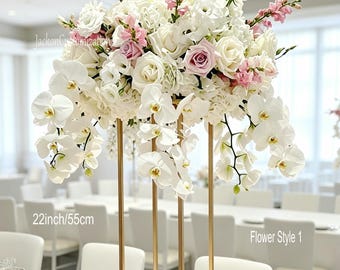 White Orchid Blush Pink Rose Centerpiece, Artificial Delphinium Floral Arrangement, Wedding Table Decor