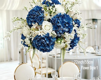 Centro de mesa azul marino y blanco, decoración de mesa de boda con hortensias y rosas artificiales