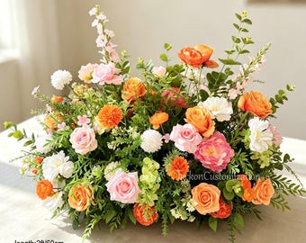 Orange Blush Pink Ground Floral Arrangement, Artificial Flower Centerpiece, Wedding Table Decor