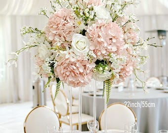 Hortensias rosa rubor, centro de mesa de rosas blancas, decoración artificial para mesa de boda.