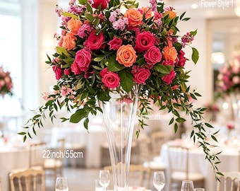 Hot Pink Orange Floral Ball, Artificial Rose Centerpiece, Wedding Table Decor