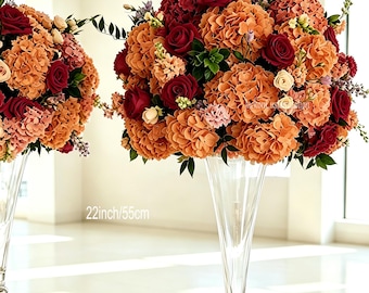 Terracotta Burgundy Hydrangea Floral Centerpiece, Artificial Rose Wedding Table Decor
