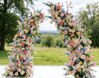 Columna de arco de flores multicolor vibrante, decoración bohemia para ceremonias de boda al aire libre