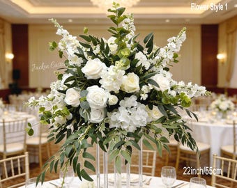 Centro de mesa de flores blancas, decoración artificial para mesa de boda con eucalipto.