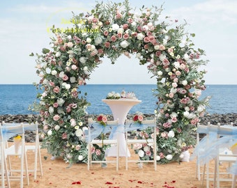 Blush Pink White Round Floral Arch, Coastal Wedding Ceremony Backdrop