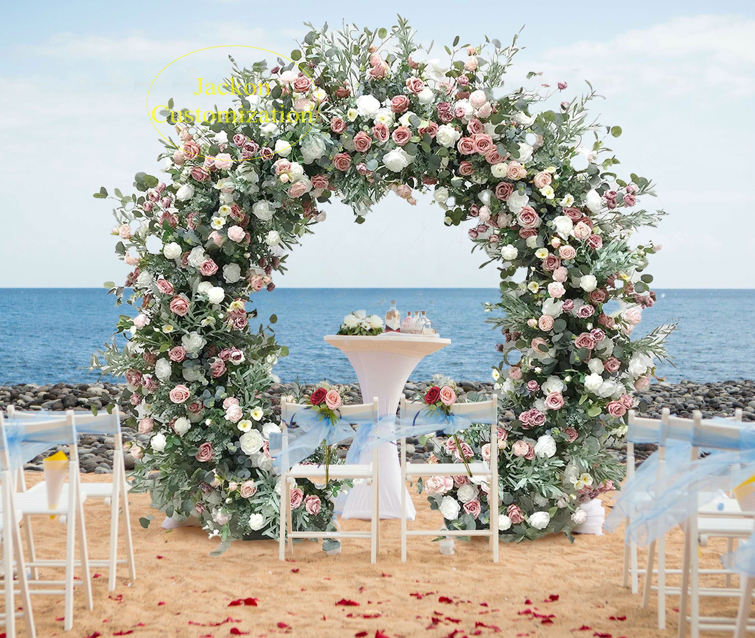 Blush Pink White Round Floral Arch, Coastal Wedding Ceremony