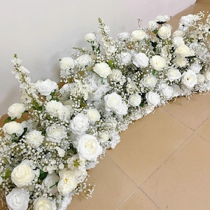 Cream White Baby&#39;sbreath Rose Wedding Ceremony Aisle Runner Flower, Altar Decor, Table Runner Floral, Artificial Floor Wedding Flower