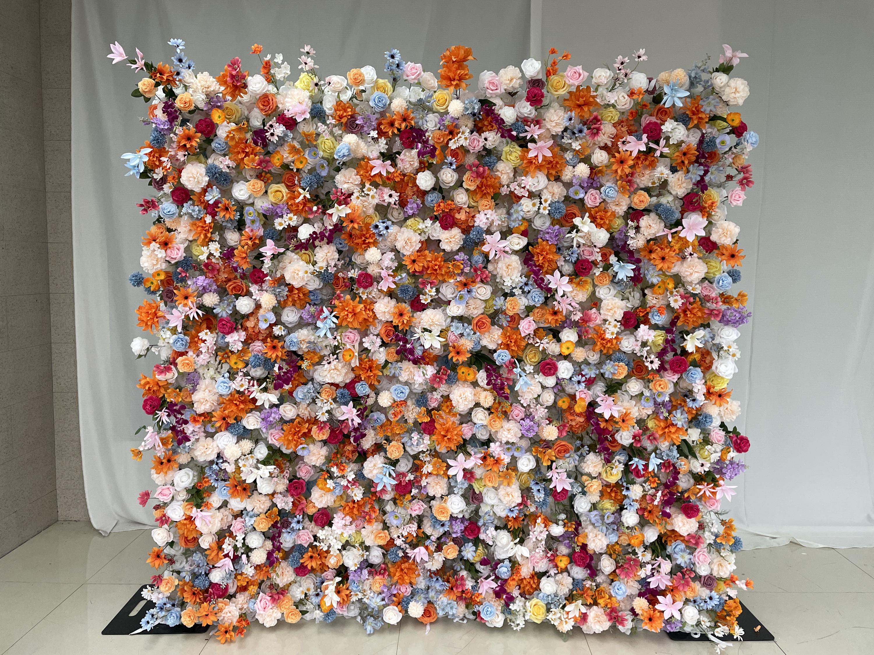 Hot Pink, Orange Flower Wall, Artificial Floral Backdrop for