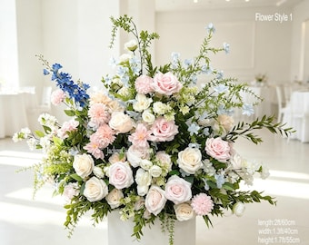 Blush Pink Ivory Floral Arrangement, Artificial Rose Delphinium Greenery Centerpiece, Wedding Decor