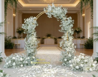 Elegante arco di fiori bianchi in stile gypsophila, decorazione di lusso per cerimonie nuziali, sfondo per foto di eventi formali