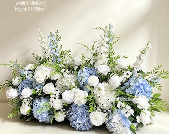 Light Blue White Floral Runner, Artificial Hydrangea Rose Delphinium Arrangement, Wedding Decor