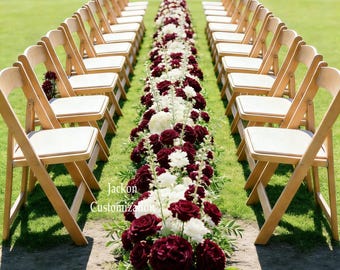 May include: An outdoor wedding ceremony setup with rows of wooden chairs with white cushions. A floral arrangement of burgundy and white roses and greenery forms the aisle. Text reads "Flower Style 3" and "Jackon Customization".