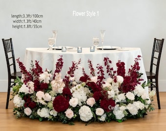 Burgundy White Sweetheart Table Arrangement, Artificial Hydrangea Rose Wedding Decor