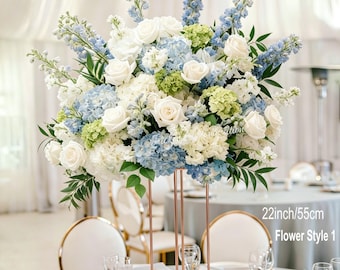 Centro de mesa floral azul y blanco, decoración de mesa de boda con hortensias y rosas artificiales