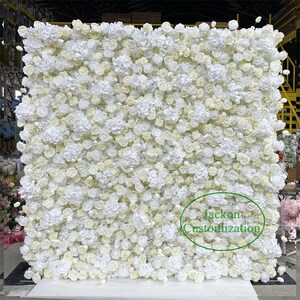 White Beige 5D Artificial Cloth Roll Up Flower Wall Wedding Party Backdrop Decoration Top Quality Quick Assemble