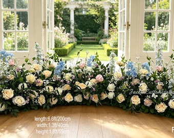 Champagneblå blush bröllopsbordlöpare, konstgjorda blomsterarrangemang