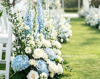 Light Blue White Aisle Floor Flower, Artificial Hydrangea Rose Delphinium Greenery Arrangement, Wedding Decor