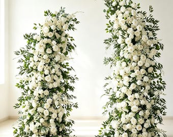 White Floral Arch, Ivory Rose Greenery Flower Pillars, Wedding Ceremony Backdrop Decor