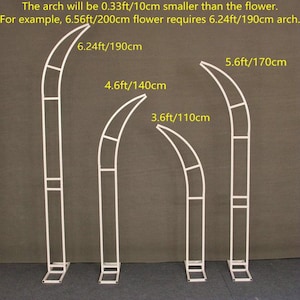 May include: Four white metal arch structures of varying heights, designed for decorative purposes. The tallest arch is 6.24ft (190cm), followed by 5.6ft (170cm), 4.6ft (140cm), and 3.6ft (110cm). Text on the image indicates the arch is smaller than the flower.